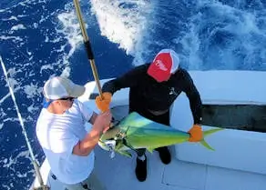 First mate and customer holding a nice Ocracoke mahi mahi.
